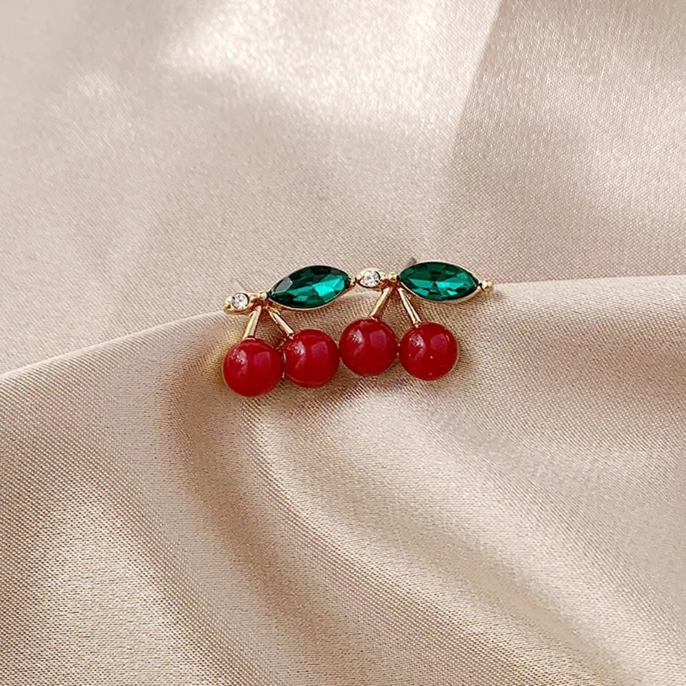 Gold Red Dark Cherry Fruit Stud Earrings NEW - Picture 6 of 6